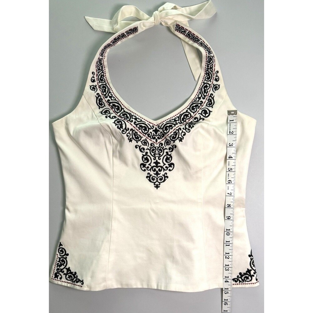 White House Black Market Structured Halter Top Sz US 8 Cotton Embroidered Lined - Picture 9 of 10